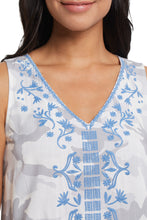 Load image into Gallery viewer, perfect top to transition into the seasons, this sleeveless top in white with gray abstract print is enhanced with a gorgeous, raised embroidery around the neckline and front. Wear alone during the warmer days and put under a jacket or cardigan as it gets cooler. A lovely style to wear with white bottoms or denim. Color- White, gray and blue. Sleeveless. Embroidery.