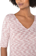 Load image into Gallery viewer, The Darcie Pink and Cream Spacedye Top is a classic tee with a twist that offers comfort sophistication and style. The design of the Darcie by Liverpool includes a double V-neck and half sleeve style. Perfect with almost any bottom of choice, this beauty looks fabulous alone or layered under a jacket.