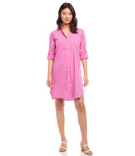 Load image into Gallery viewer, When its warmer weather, sometimes you just want a simple, fashionable and comfortable dress to spend your day in. This versatile button-front dress features cuffed roll-tab sleeves, a shirt pocket, and a comfortable stretchy fit that is perfect for spring/summer weather. Wear it open as a jacket or buttoned as a dress.