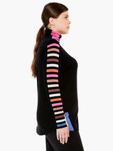Load image into Gallery viewer, Striped sleeves on our Sena turtleneck create a dramatic look that will turn heads. Other extraordinary details add even greater interest including color patches at the hem and turtleneck. The bright vivid colors on this fabulous sweater will make you happy every time you wear it. Colors- Black multi- blue, white, pink ,orange, tan. Pullover sweater. Knit in squares detail. Regular fit. Turtleneck. Long sleeve
