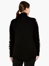 Load image into Gallery viewer, Striped sleeves on our Sena turtleneck create a dramatic look that will turn heads. Other extraordinary details add even greater interest including color patches at the hem and turtleneck. The bright vivid colors on this fabulous sweater will make you happy every time you wear it. Colors- Black multi- blue, white, pink ,orange, tan. Pullover sweater. Knit in squares detail. Regular fit. Turtleneck. Long sleeve