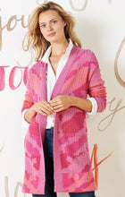 Load image into Gallery viewer, The Sun Chaser Cardigan sweater features an artistic, one-of-a-kind jacquard knit with colors that are joyful, bright and expressive. This cozy cardigan is designed with a soft, midweight yarn which has an easy, relaxed fit. Color- Multi pink. Cardigan sweater with open front. Jacquard knit with original artwork. Midweight. Relaxed fit. Shawl collar.
