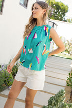 Load image into Gallery viewer, A gorgeous vibrant teal color with striking colors of light blue, light pink, yellow, orange, fuchsia, white and navy-blue abstract print creates an eye appealing sleeveless top. You can't go wrong with this sleeveless top that can be worn so many different ways. Wear alone in the spring/summer months or wear under your favorite blazer or cardigan in the cooler months. The colors will make you happy even on the dreariest of days!