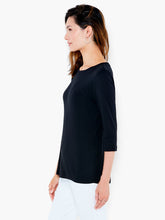 Load image into Gallery viewer, Keep it casual (and comfortable) with the easy softness of our signature Boat Tee. This one features a 3/4 sleeve and is made with cotton modal. It's lightweight for breathability and has lovely stretch, providing much comfort. A perfect layering piece to style under your favorite cardigan or jacket. Color- Black. Knit pullover. Regular fit. Round neck. 3/4 sleeve. Sits at hip.
