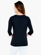 Load image into Gallery viewer, Keep it casual (and comfortable) with the easy softness of our signature Boat Tee. This one features a 3/4 sleeve and is made with cotton modal. It's lightweight for breathability and has lovely stretch, providing much comfort. A perfect layering piece to style under your favorite cardigan or jacket. Color- Black. Knit pullover. Regular fit. Round neck. 3/4 sleeve. Sits at hip.