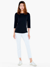 Load image into Gallery viewer, Keep it casual (and comfortable) with the easy softness of our signature Boat Tee. This one features a 3/4 sleeve and is made with cotton modal. It's lightweight for breathability and has lovely stretch, providing much comfort. A perfect layering piece to style under your favorite cardigan or jacket. Color- Black. Knit pullover. Regular fit. Round neck. 3/4 sleeve. Sits at hip.