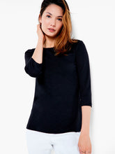 Load image into Gallery viewer, Keep it casual (and comfortable) with the easy softness of our signature Boat Tee. This one features a 3/4 sleeve and is made with cotton modal. It's lightweight for breathability and has lovely stretch, providing much comfort. A perfect layering piece to style under your favorite cardigan or jacket. Color- Black. Knit pullover. Regular fit. Round neck. 3/4 sleeve. Sits at hip.