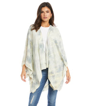 Load image into Gallery viewer, A cloudy tie-dye pattern in light blue and cream creates a beautiful pattern on this billowy jacket. A roomy silhouette adds soft movement. Complete the beautiful look with our TESS TIE-DYE TIE-FRONT TOP. Cloudy tie dye; light blue and cream. Flare sleeve. Collarless. Open front. Fabric-100% Rayon.