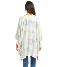 Load image into Gallery viewer, A cloudy tie-dye pattern in light blue and cream creates a beautiful pattern on this billowy jacket. A roomy silhouette adds soft movement. Complete the beautiful look with our TESS TIE-DYE TIE-FRONT TOP. Cloudy tie dye; light blue and cream. Flare sleeve. Collarless. Open front. Fabric-100% Rayon.