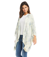 Load image into Gallery viewer, A cloudy tie-dye pattern in light blue and cream creates a beautiful pattern on this billowy jacket. A roomy silhouette adds soft movement. Complete the beautiful look with our TESS TIE-DYE TIE-FRONT TOP. Cloudy tie dye; light blue and cream. Flare sleeve. Collarless. Open front. Fabric-100% Rayon.