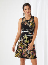 Load image into Gallery viewer, Whether you are going on vacation or going shopping and lunch with friends, this summer ready dress is the ideal style to wear. Designed in a tropical tone, the high neckline falls into a flattering A-line silhouette. Color- Black with tropical print in blue, green and pinks.