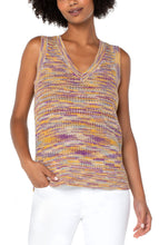 Load image into Gallery viewer, Our Quincy sleeveless sweater is lovely addition to any wardrobe. An excellent style to have on hand for every season, this gorgeous space dye sweater looks wonderful on its own or layered under your favorite jacket or cardigan. Speaking of cardigan, pair our Quincy with our matching CALLIE OPEN FRONT CARDIGAN IN GOLD, PURPLE AND TURQUOISE SPACE DYE for the perfect fashionista look! Color- Space dye; gold, purple, turquoise and white. Sleeveless. V-neck. Hi-low hem.