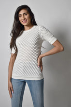 Load image into Gallery viewer, Unique as it is beautiful, our Wiola is designed with a textured knit and gold metallic detailing around the neckline and sleeves. This pullover top is easy to wear and catches the eye with its details. This top is a must for your wardrobe as it goes with so many of your favorite bottoms. Colors- Off-White and gold. Pull-over.
