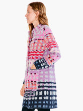 Load image into Gallery viewer, We love this dual-purpose coat/cardigan and the amazing pops of color that it offers. Our Willa coatigan can be worn as a cardigan or a coat, depending on the day and your mood. Full of novelty yarns with poppy textures (we love the grey yarn's extra fuzziness) this long party coatigan is perfect for cold-weather gatherings. Our Willa has a button front, mock collar, and a surprisingly soft, and entirely welcome, drapey feel.