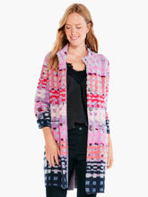 Load image into Gallery viewer, We love this dual-purpose coat/cardigan and the amazing pops of color that it offers. Our Willa coatigan can be worn as a cardigan or a coat, depending on the day and your mood. Full of novelty yarns with poppy textures (we love the grey yarn's extra fuzziness) this long party coatigan is perfect for cold-weather gatherings. Our Willa has a button front, mock collar, and a surprisingly soft, and entirely welcome, drapey feel.