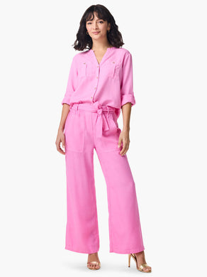 This easy-fitting pant features a pull-on design with a functional belt tie and a trademark drapey feel: the perfect match for the flowy wide-leg silhouette. A great option to give a pop of color to your white tees and denim shirting. Mindfully Made from materials that use less water during construction. Ankle length and sits at the waist.