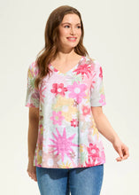 Load image into Gallery viewer, Our Aria Starburst top features a lively floral pattern that bursts with vibrant colors and intricate designs. This eye-catching print adds a cheerful and dynamic touch to the top, making it perfect for brightening up your wardrobe. The A-line silhouette creates a flowing and flattering style. Whether you decide to style it on its own or under a favorite denim jacket, this top is perfect for the warm weather season.
