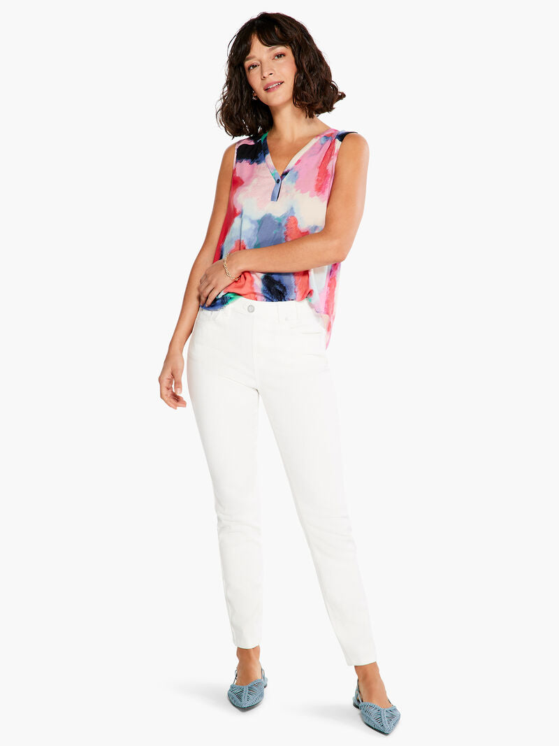 An easy, sleeveless top for adding a splash of color. Pair it with denim or elegant neutrals to instantly make your everyday outfits pop. Just as comfortable as it is striking thanks to its super soft construction and drapey feel. With a slight shirt tail effect for added femininity and contrast patterning along the V-neck collar.   Colors - Pink multi; Pinks, coral, blues, greens. Easy fit. V-neck. Sleeveless. One button closure.
