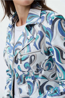 Designer Joseph Ribkoff took a 1970's abstract design and added a splash of modern style to create this stunning moto jacket.  A subtle shipper and zipper accent on the chest adds extra brilliance to this beautiful jacket that will elevate any outfit.  Colors- White, blues, black and grey. Abstract design. Slight shimmer. Faux front pocket and zipper. Faux zipper closure.  Hook and eye closure.