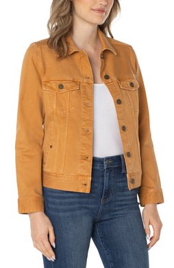 Our classic jean jacket with amazing stretch and recovery. Your go-to layering item that adds the perfect touch to any outfit made with comfortable fabric that won’t stretch out!   Color- Amber Dawn; rich gold color. Amazing stretch and recovery. Two front functional pockets. Two seam side functional pockets. 6-button front closure.