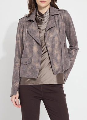 The Amelia Moto Jacket in Copper Chevron from Lysse is a printed vegan suede piece that combines stretchy comfort and classic moto-style seaming. This unlined faux suede jacket is slightly cropped and features a front zip closure and zippered pockets, all in high-shine gunmetal. It also boasts an inside sleeve facing that, when cuffed, reveals black Ponte fabric.