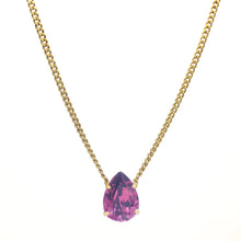 Load image into Gallery viewer, Introducing the Lumi necklace, a dazzling and versatile piece adorned with a high-quality pear-shaped stone in the middle. This antique gold-plated necklace features a 14” length with a 3” extension. Handcrafted in Canada.    Color- Gold and amethyst. Premium crystals. Tear drop in amethyst. Gold chain. Length- 14 inches with 3-inch extension. 
