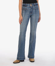 Load image into Gallery viewer, Experience the perfect blend of vintage and modern with Ana High Rise Flare jeans by Kut from the Kloth. Crafted from stretch-denim, these jeans feature vertical seams, kickout at the knees finished with wide hems for a stylish twist. Color: Custom with dark stone wash. True to size fit. High rise. Flare design. Front seams. Two button closure.
