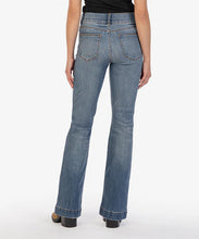 Load image into Gallery viewer, Experience the perfect blend of vintage and modern with Ana High Rise Flare jeans by Kut from the Kloth. Crafted from stretch-denim, these jeans feature vertical seams, kickout at the knees finished with wide hems for a stylish twist. Color: Custom with dark stone wash. True to size fit. High rise. Flare design. Front seams. Two button closure.
