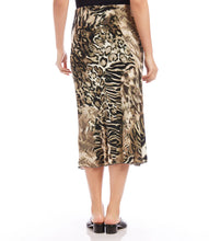 Load image into Gallery viewer, This midi skirt flaunts an eye-catching animal print and offers a slim silhouette that moves gracefully. Its pull-on waistband provides effortless wearing. Pairs beautifully with a solid black top or our   Color -Shadow Animal Print Side pockets. Lined. Fabric - 100% Viscose. Care- Dry clean.

