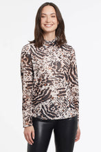 Load image into Gallery viewer, This pop-over mesh turtleneck features a relaxed fit, along with long set-in sleeves. It is crafted from a two-layered fabric for the ideal amount of warmth, comfort, and fashionable style yet, is light enough to wear under your favorite jacket.   Color - Sierra; Black, brown and tan. Animal print. Turtleneck. Lightweight. Double layered. Mesh fabric.
