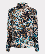 Load image into Gallery viewer, This eye-catching turtleneck top featuring an animal-inspired motif in a striking hue lends a stylish look when worn solo or as a base layer. A unique shoulder design that is slightly extended past the arm ensures an elevated chic look. Boasting a flattering fit and versatile styling options, the Asta is ideal for any situation. Color- Peacock blue, navy, cream. Turtleneck. Animal Print. Shoulder detailing. Slight puckering detail on cuffs.

