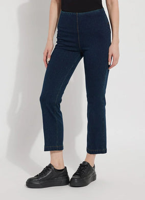 The Ankle Denim Baby Bootcut, with its 27-inch length and subtle leg flare, is the perfect pant for petite women. Crafted from 4-way stretch Knit Denim, these ankle-length bootcut pants feature a concealed patented waistband, rear patch pockets adorned with metal grommets, and anatomical seaming for a lifting and contouring effect. The jeans gracefully skim the hips and thighs, leading to a gently flared bootcut leg opening.