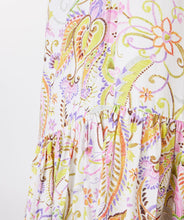 Load image into Gallery viewer, Gorgeous eye-catching spring/summer colors just pop on this stunning dress by EsQualo.  With its feminine design, you will feel so pretty when you wear this beauty to luncheons with friends, garden/pool parties or evening events.    Colors- Shades of greens, purples, orange, touch of brown on a white background. Whimsical floral print. V-Neck. Drop waist. Three-quarter sleeves. Fabric -100% Viscose.
