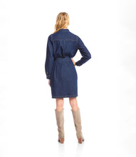 Load image into Gallery viewer, Woman wearing a belted blue denim dress and tall tan suede boots against a white background.
