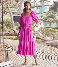 Load image into Gallery viewer, Featuring a ruffled tier and tie at the waist for figure-flattering shape, this relaxed peasant-style dress is rendered in a vibrant berry hue. The long silhouette offers an elegant design. Color-  Berry. Scoop neck. Side pockets. Tie waist. Fabric - 100% Polyester.
