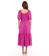 Load image into Gallery viewer, Featuring a ruffled tier and tie at the waist for figure-flattering shape, this relaxed peasant-style dress is rendered in a vibrant berry hue. The long silhouette offers an elegant design. Color-  Berry. Scoop neck. Side pockets. Tie waist. Fabric - 100% Polyester.
