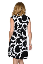 Load image into Gallery viewer, Expertly designed by Frank Lyman, this Black with White Dot Chain Abstract Print Sleeveless Dress is a must-have in any fashionista&#39;s wardrobe. The chic abstract print, combined with a classic color combination, makes for a timeless and sophisticated look. With a perfect fit and just the right amount of stretch, it offers both comfort and style.  Color- Black and white. Abstract dot chain pattern. Perfect stretch.
