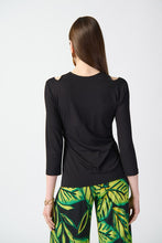 Load image into Gallery viewer, Enhance your daily appearance with this chic top made from bamboo jersey. The unique bamboo fibers create a lightweight and luxuriously soft garment. The fit compliments your physique, while the three-quarter length sleeves and cutout neckline add a refined and classy element.  Color- Black. Cutout neckline. Three-quarter sleeves.
