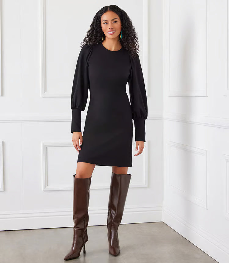 This Bishop Sleeve Dress is made from stretch Ponte fabric, providing a comfortable and flattering fit. The long sleeves feature wide cuffs, adding a touch of sophistication. Perfect for the cooler seasons, this dress combines style and comfort effortlessly.