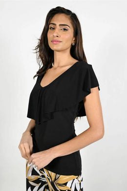 Expertly designed, this top features a flattering silhouette with a V-neckline and a ruffle overlay that drapes beautifully in both the front and back. Its flowy cap sleeves provide a touch of sophistication, while the soft fabric and classic black hue make it versatile for any occasion, whether dressed up or down with denim.