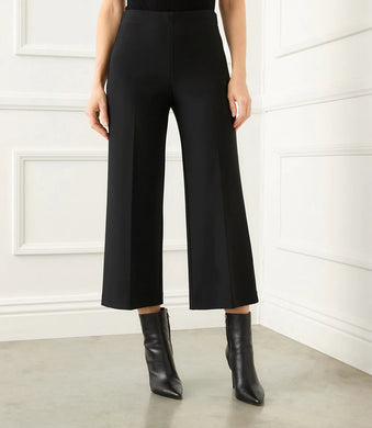 These versatile pants feature a cropped wide leg with a comfortable fit, plus plenty of stretch for ease of wear and shape maintenance. An elasticized waistband ensures easy pull-on dressing. A stylish pant when paired with your favorite boot or sandal.  Color- Black. Wide-leg. Elasticized waistband.