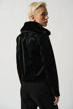Load image into Gallery viewer, This Joseph Ribkoff moto jacket offers a layered look made with a combination of faux leather and faux fur. The faux leather has an eye-catching sheen and is accompanied by a removeable relaxed notched faux fur collar. This jacket provides a fitted silhouette for a boldly stylish look.
