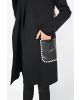 Load image into Gallery viewer, A stunningly unique piece, the Belen hooded cardigan adds a sophisticated finish to any look. Crafted with faux leather pockets and adorned with white pearl embellishments, it&#39;s guaranteed to turn heads.  Color- Black. Hood. Pearl embellishments. Faux leather pockets. Fabric -50% Rayon, 28% Polyester. 22% Nylon.

