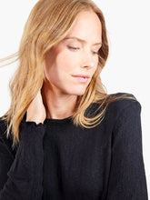 Load image into Gallery viewer, Achieve an elevated, timeless look with this black onyx knit long sleeve tee from Nic &amp; Zoe. Crafted from a unique drapey lace knit that is comfortable and designed for all day wear, this top features a fitted crewneck silhouette, long sleeves, and a hip-length hem. Layer this top under a cardigan or jacket for an instant statement look.  Color- Black Onyx. Knit lace. Midweight. Fitted. Crewneck.
