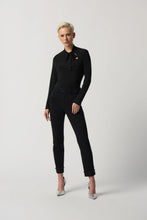 Load image into Gallery viewer, The Joseph Ribkoff long sleeve top features a slim silhouette, bow detail at the neckline, and an ultra-soft, stretchy fabric, allowing you to flaunt a feminine appearance. Ideal for wearing alone or for blending with a blazer, its design ensures a comfortable fit while elevating your look.  Color- Black. Bow design detail at the neck. Keyhole neckline. Fabric -96% Polyester, 4% Spandex.
