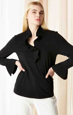 A stylish ruffle at the right point and the look is enhanced. This statement-making piece provides an effortless look with its modern lines and unique design details. The contours of the ruffled collar are echoed in the long cuffs. This hip-length V-neck is perfect for layering.  Color- Black. Midweight. Regular fit. V-neck, Long sleeve, Basic sleeve. Sits at hip.