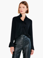 Load image into Gallery viewer, A stylish ruffle at the right point and the look is enhanced. This statement-making piece provides an effortless look with its modern lines and unique design details. The contours of the ruffled collar are echoed in the long cuffs. This hip-length V-neck is perfect for layering.  Color- Black. Midweight. Regular fit. V-neck, Long sleeve, Basic sleeve. Sits at hip.

