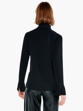 Load image into Gallery viewer, A stylish ruffle at the right point and the look is enhanced. This statement-making piece provides an effortless look with its modern lines and unique design details. The contours of the ruffled collar are echoed in the long cuffs. This hip-length V-neck is perfect for layering.  Color- Black. Midweight. Regular fit. V-neck, Long sleeve, Basic sleeve. Sits at hip.
