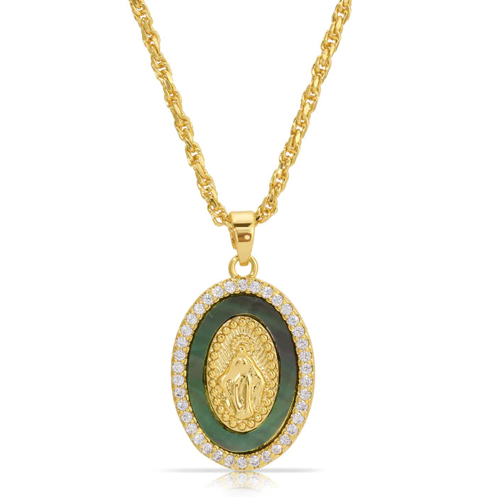 Featuring a mother of pearl inlay with Mary silhouette in center, this pendant is perfect to pair with the classic mother Mary necklace.  Color- Multi color, gold, clear. Cubic Zirconia. Genuine Mother of Pearl shell. Gold vermeil chain. 18