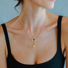 Load image into Gallery viewer, Featuring a mother of pearl inlay with Mary silhouette in center, this pendant is perfect to pair with the classic mother Mary necklace.  Color- Multi color, gold, clear. Cubic Zirconia. Genuine Mother of Pearl shell. Gold vermeil chain. 18&quot; chain length.   
